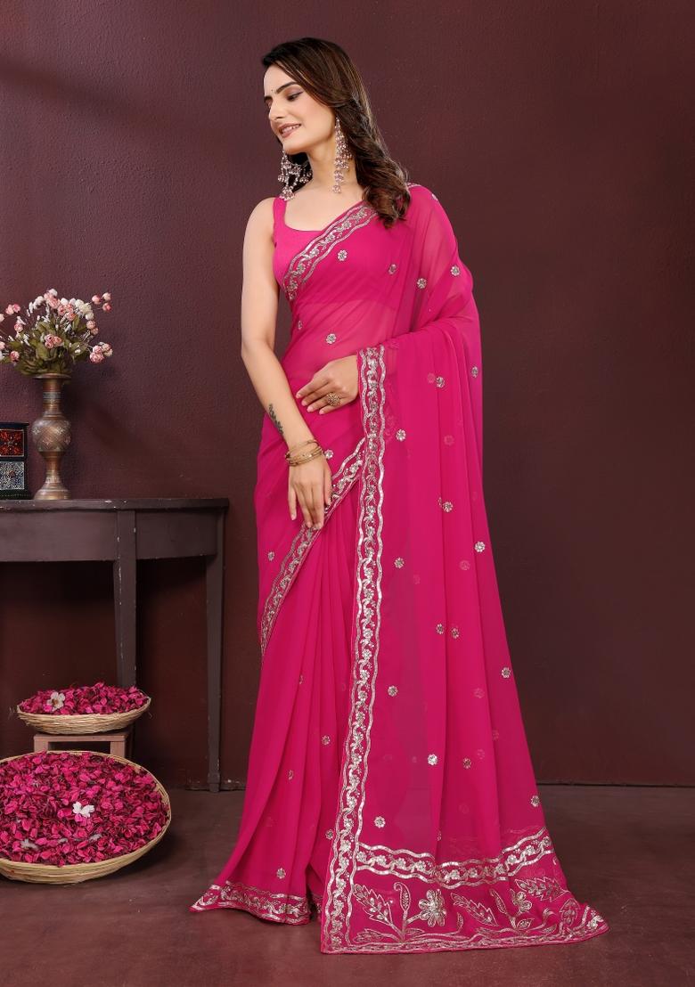 Pink Embroidered Faux Georgette Saree Set - Indya