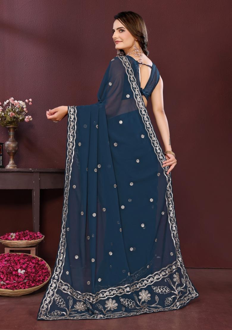 Blue Embroidered Faux Georgette Saree Set - Indya