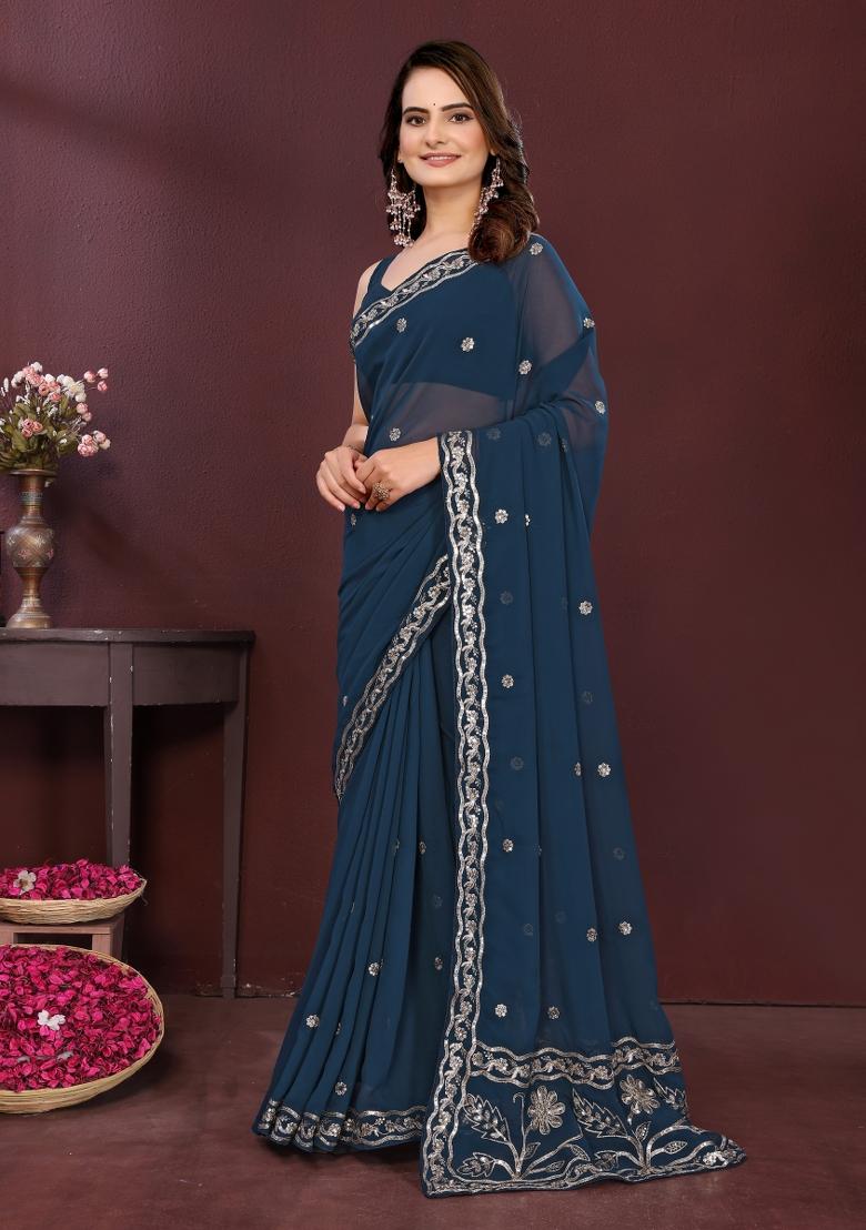 Blue Embroidered Faux Georgette Saree Set - Indya