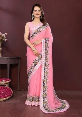 Pink Embroidered Faux Georgette Saree Set
