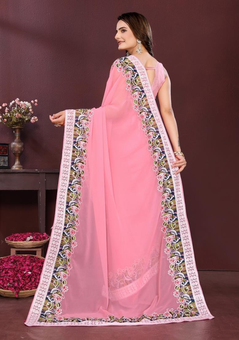Pink Embroidered Faux Georgette Saree Set - Indya