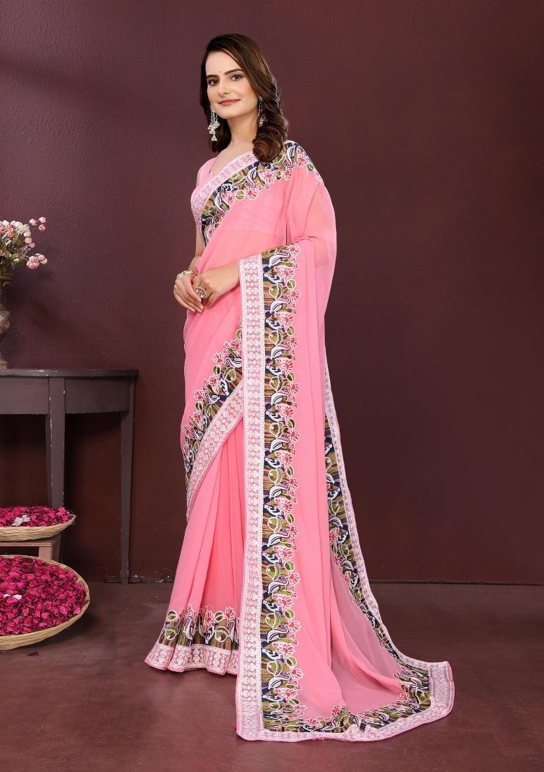Pink Embroidered Faux Georgette Saree Set - Indya