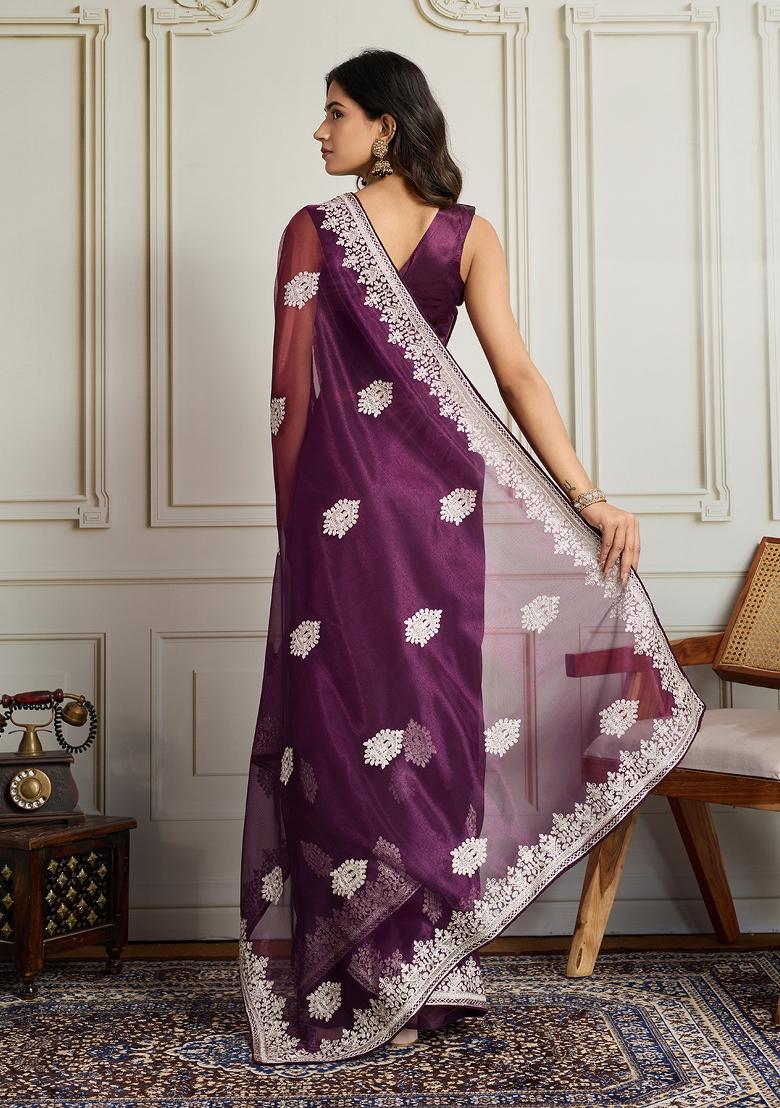 Purple Embroidered Net Saree Set - Indya