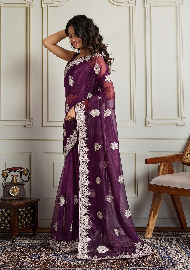 Purple Embroidered Net Saree Set - Indya