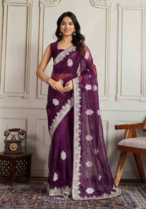 Purple Embroidered Net Saree Set