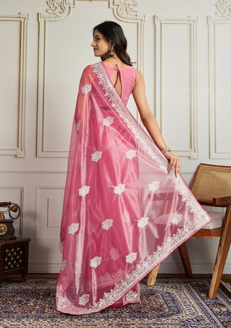 Pink Embroidered Net Saree Set - Indya