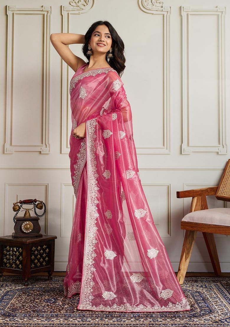 Pink Embroidered Net Saree Set - Indya