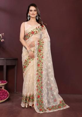 Beige Embroidered Net Saree Set