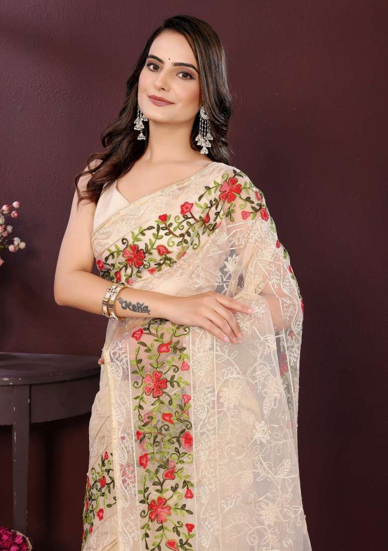 Beige Embroidered Net Saree Set for Diwali and Festive Wear - Indya