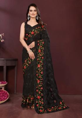 Black Embroidered Net Saree Set