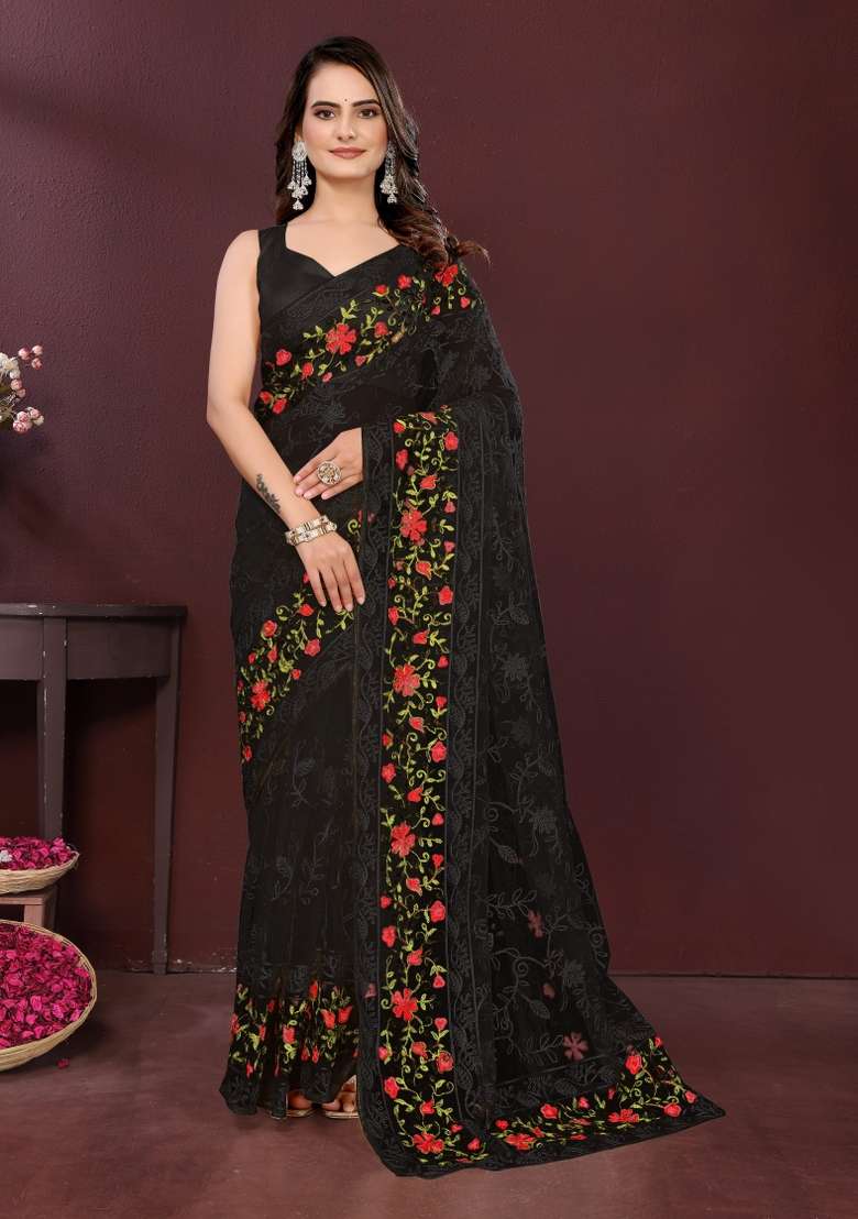 Black Net Saree Set with Embroidered for Diwali | Wedding & Festive Wear - Indya