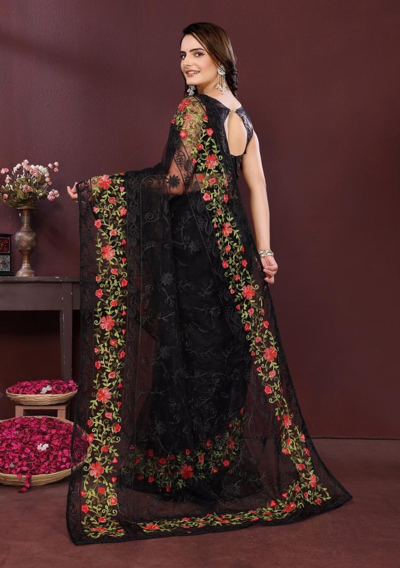 Black Embroidered Net Saree Set - Indya