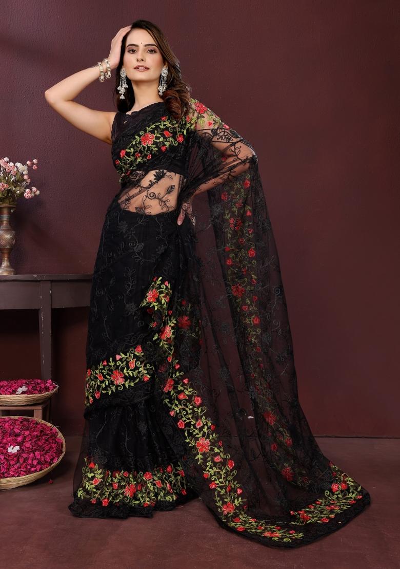Black Embroidered Net Saree Set - Indya