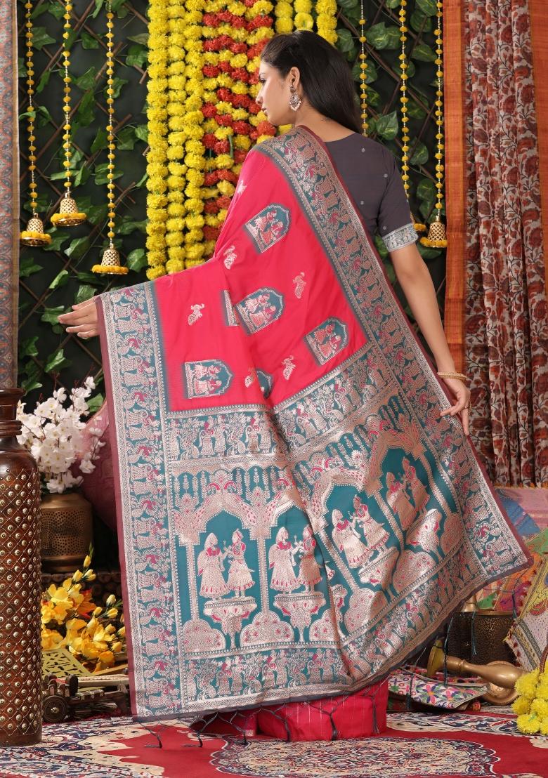 Pink Woven Silk Blend Saree Set - Indya