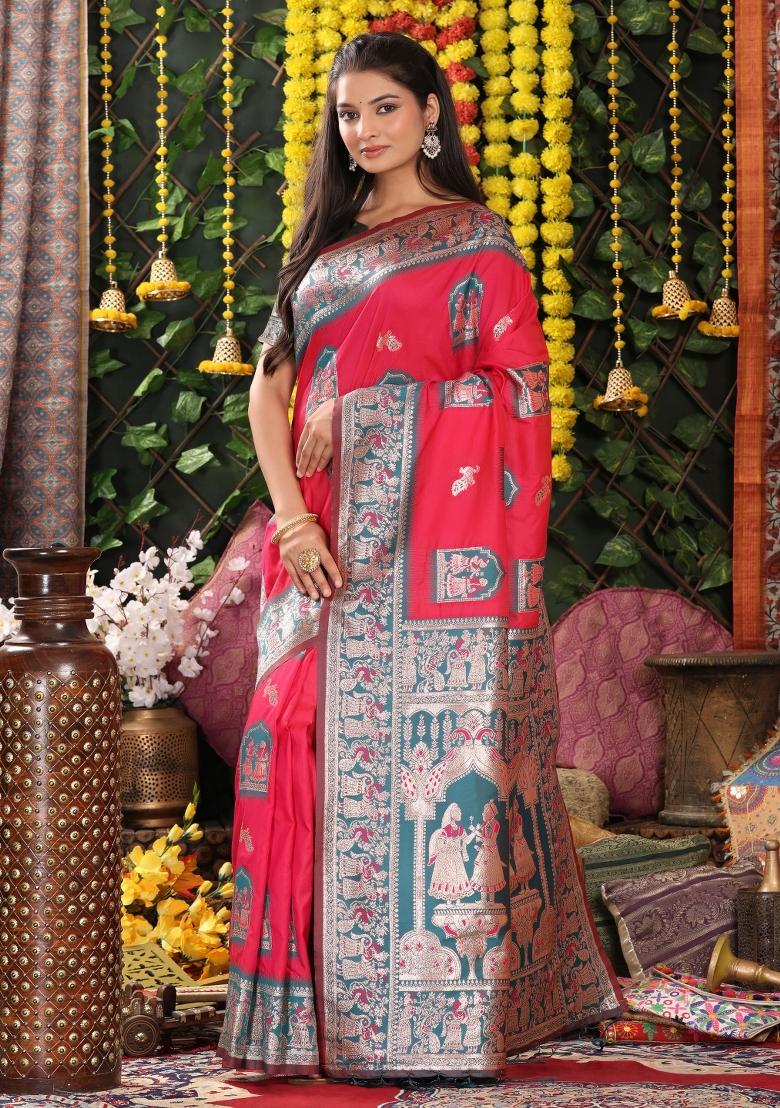 Pink Woven Silk Blend Saree Set - Indya