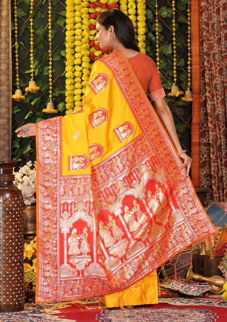 Yellow Woven Silk Blend Saree Set - Indya