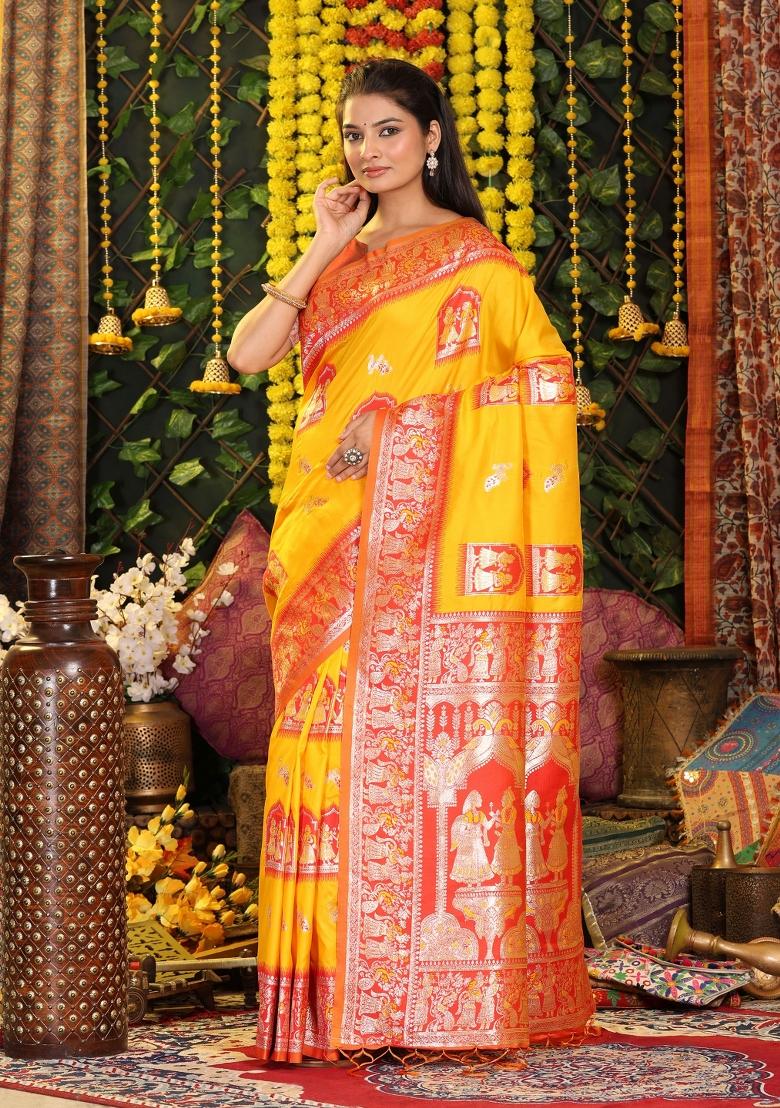 Yellow Woven Silk Blend Saree Set - Indya
