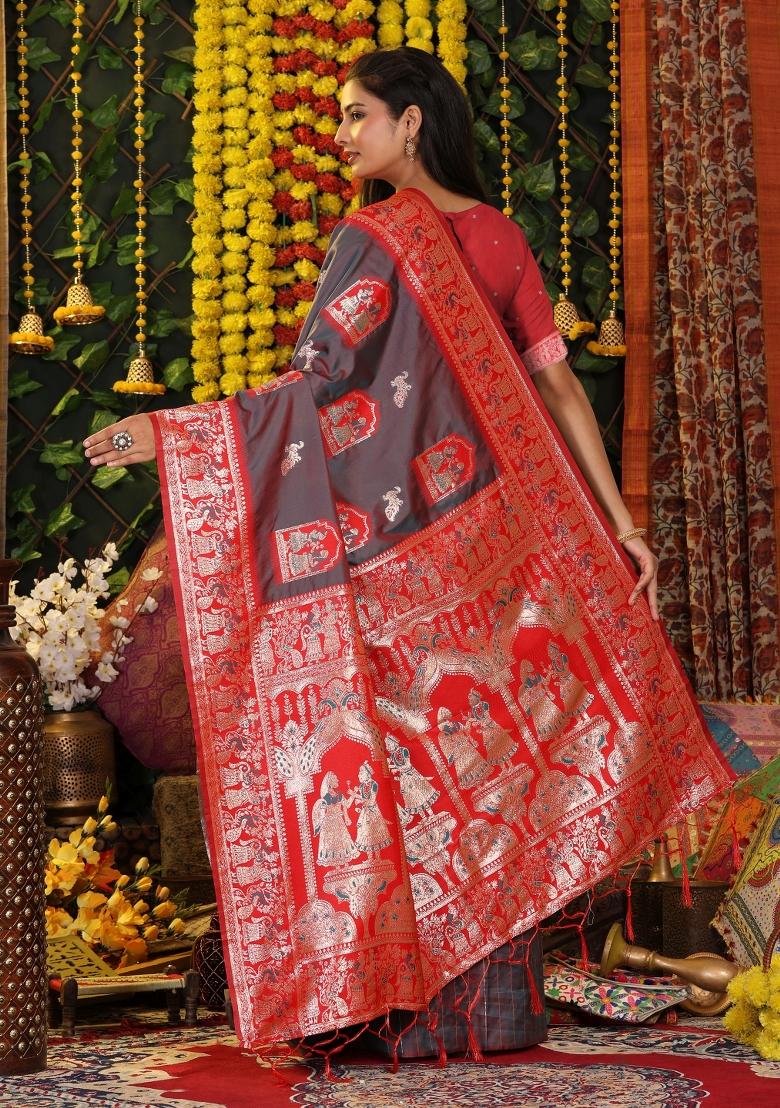 Grey Woven Silk Blend Saree Set - Indya