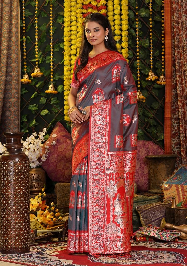 Grey Woven Silk Blend Saree Set - Indya