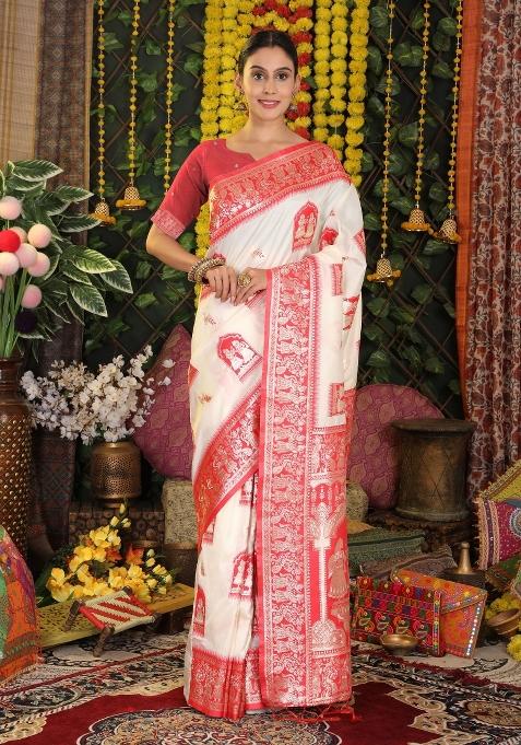 White Woven Silk Blend Saree Set