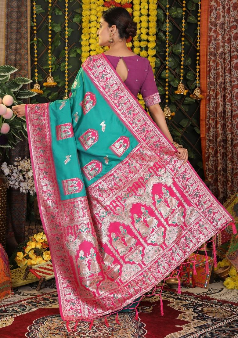 Sea Green Woven Silk Blend Saree Set - Indya