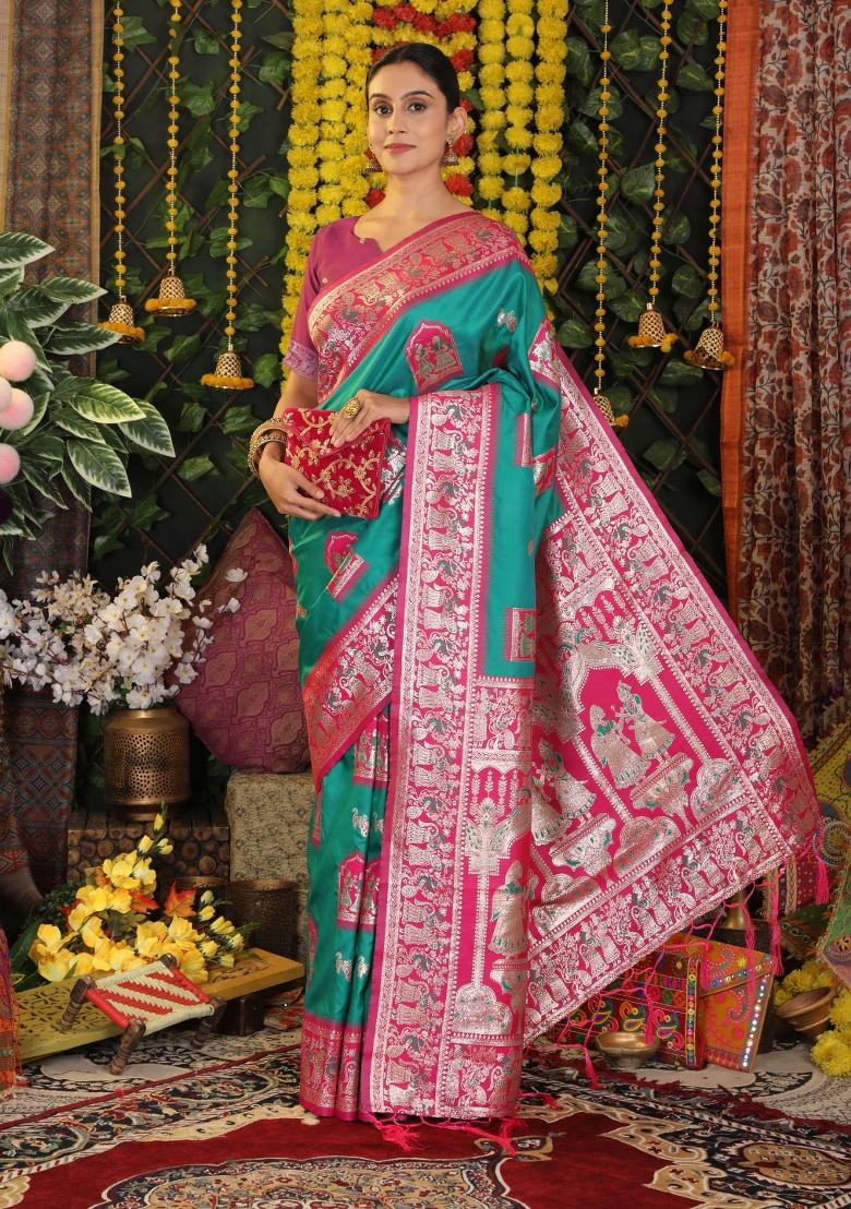 Sea Green Woven Silk Blend Saree Set - Indya