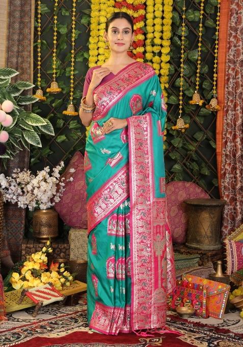 Sea Green Woven Silk Blend Saree Set