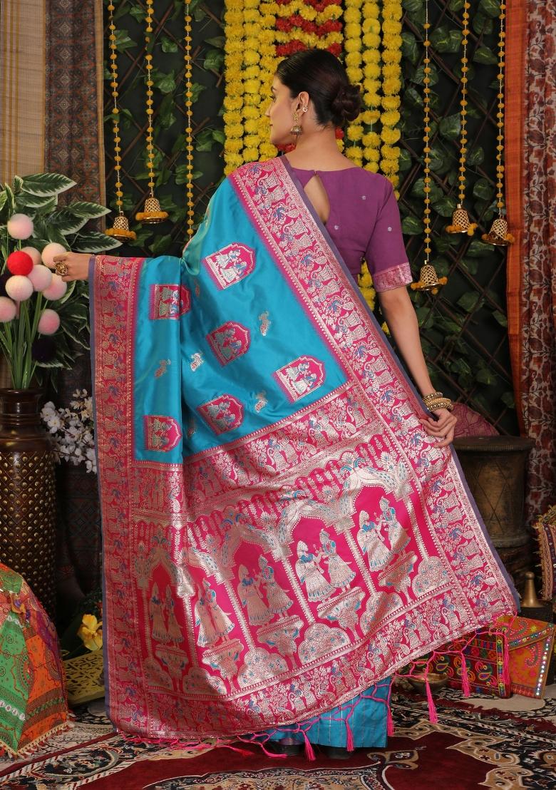 Sky Blue Woven Silk Blend Saree Set - Indya