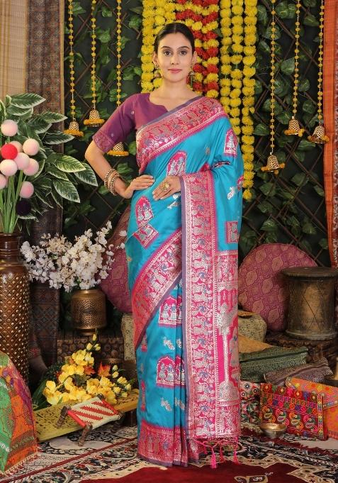 Sky Blue Woven Silk Blend Saree Set