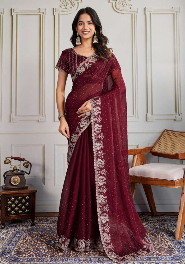 Maroon Embroidered Silk Blend Saree Set for Diwali and Festive Wear - Indya