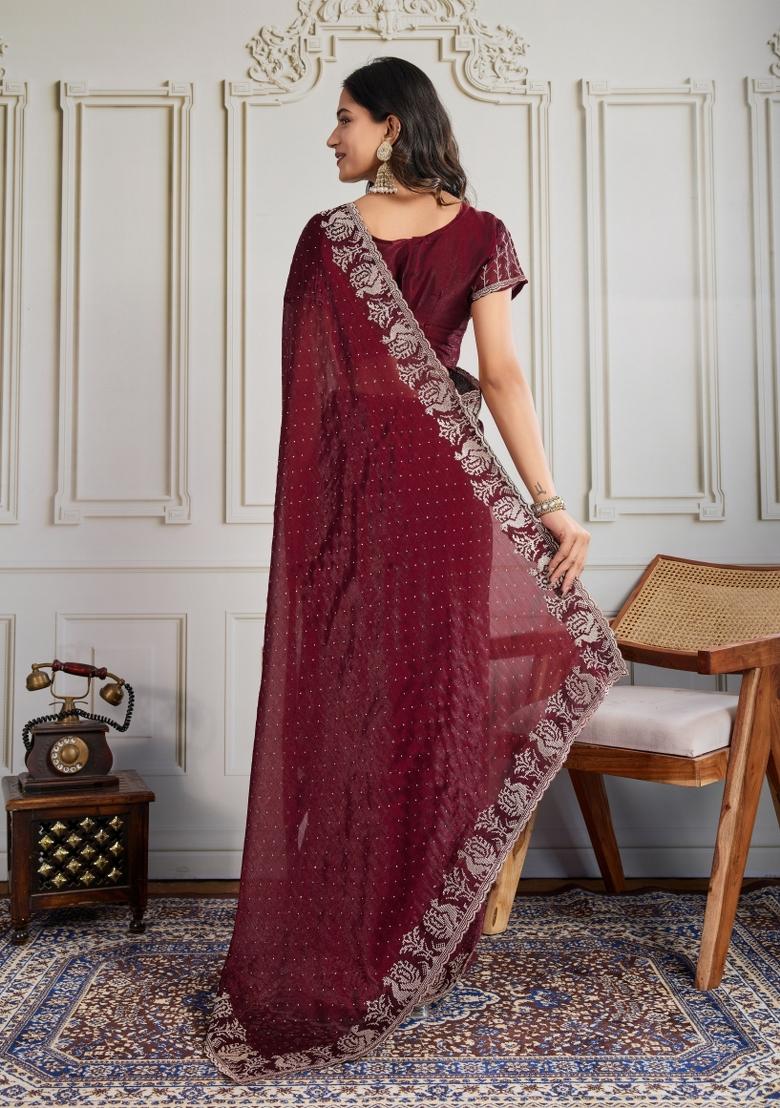 Maroon Embroidered Silk Blend Saree Set - Indya