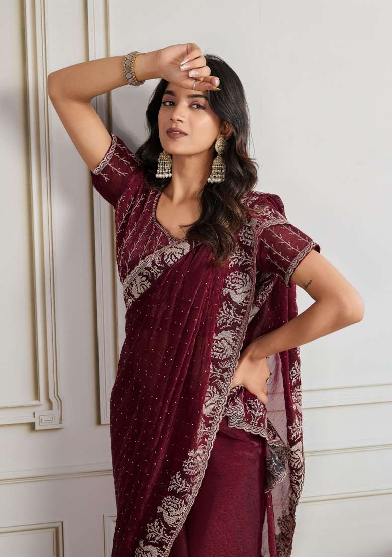 Maroon Embroidered Silk Blend Saree Set for Diwali and Festive Wear - Indya