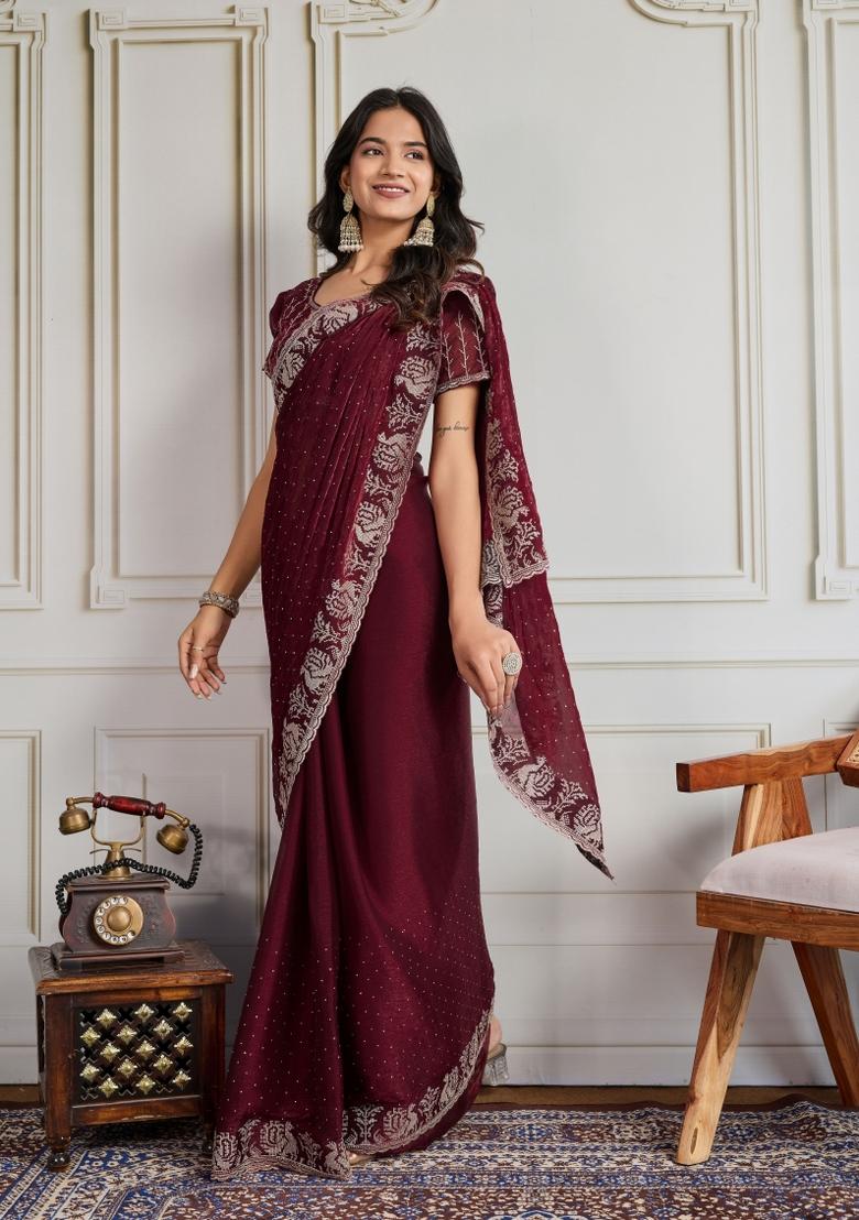 Maroon Embroidered Silk Blend Saree Set - Indya