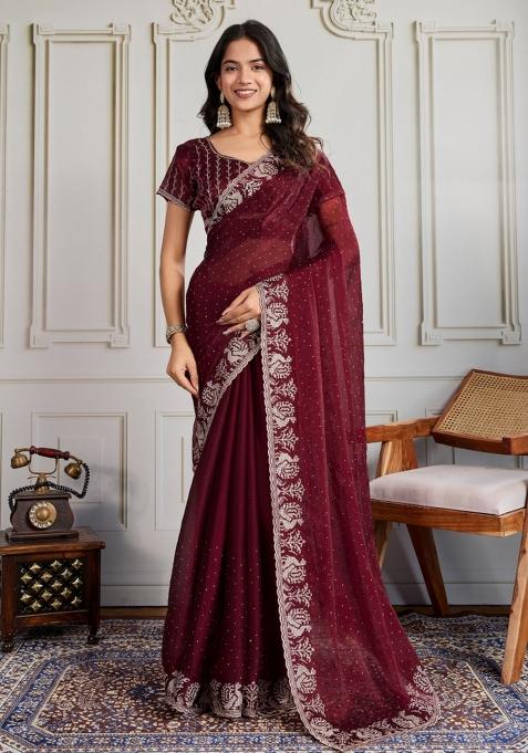 Maroon Embroidered Silk Blend Saree Set