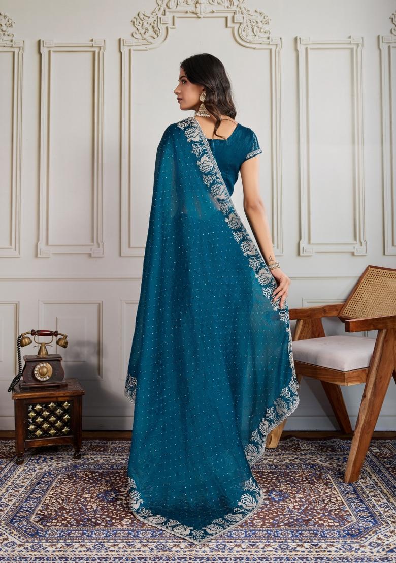 Teal Embroidered Silk Blend Saree Set - Indya