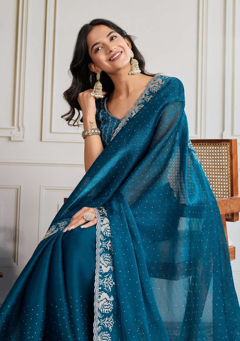 Teal Embroidered Silk Blend Saree Set for Diwali and Festive Wear - Indya