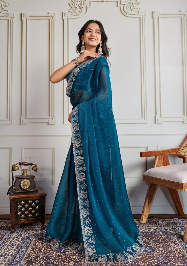 Teal Embroidered Silk Blend Saree Set - Indya