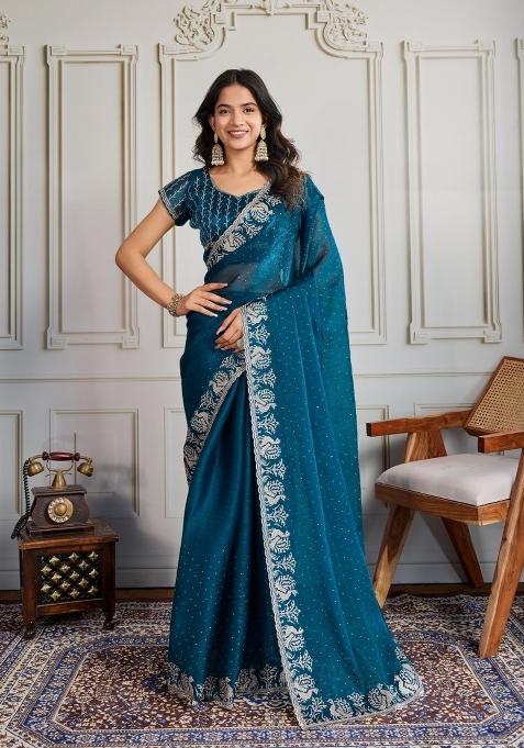 Teal Embroidered Silk Blend Saree Set