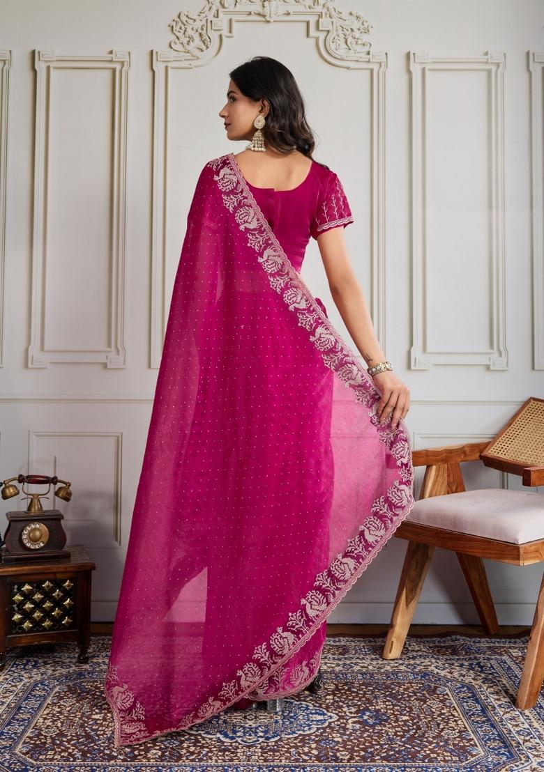 Pink Embroidered Silk Blend Saree Set - Indya