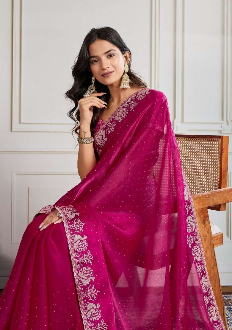 Pink Silk Blend Saree Set with Embroidered for Diwali | Wedding & Festive Wear - Indya