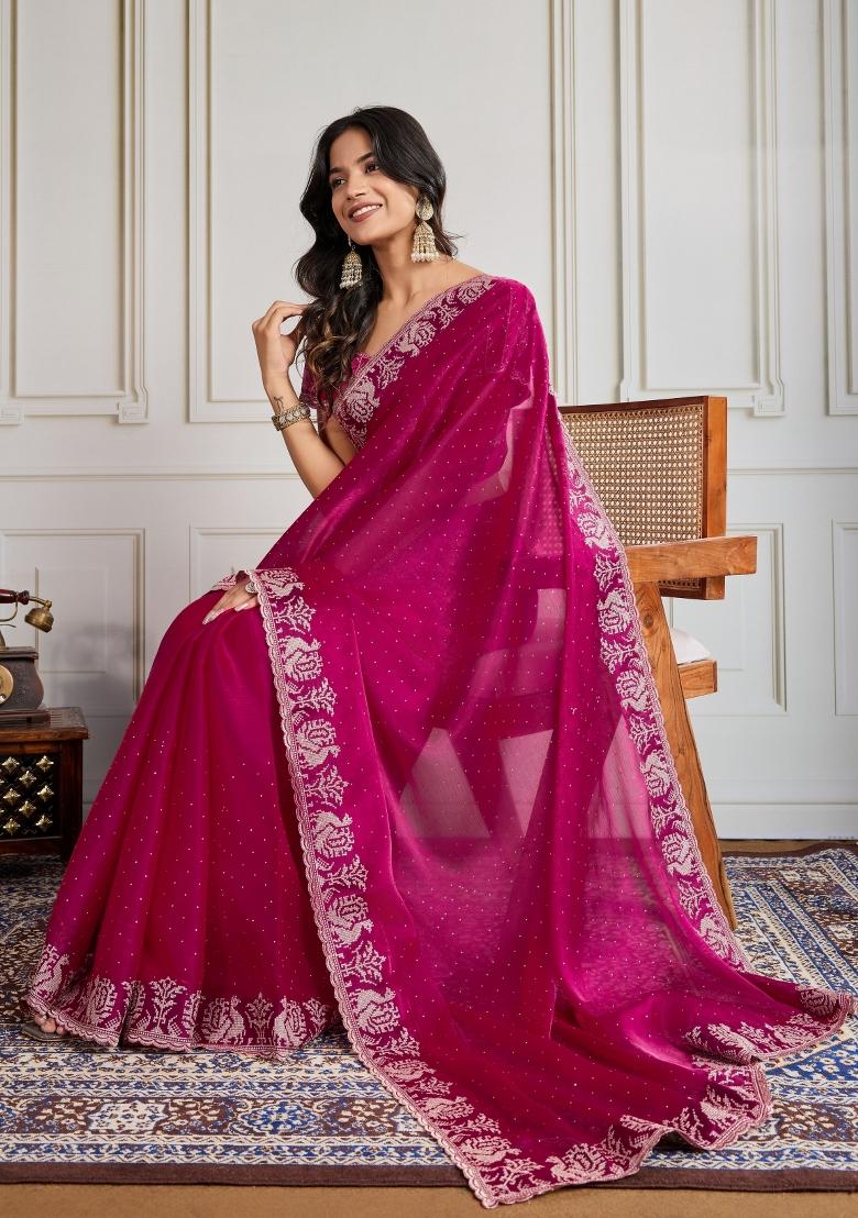 Pink Embroidered Silk Blend Saree Set - Indya