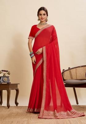 Red Embroidered Art Silk Saree Set