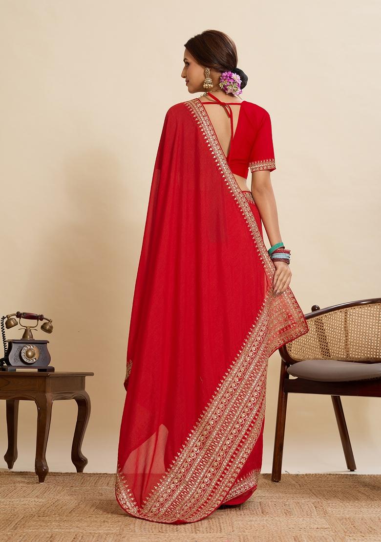 Red Embroidered Art Silk Saree Set - Indya