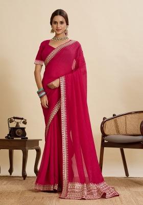 Pink Embroidered Art Silk Saree Set