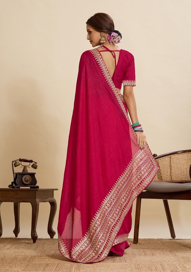 Pink Embroidered Art Silk Saree Set - Indya