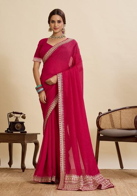 Pink Embroidered Art Silk Saree Set