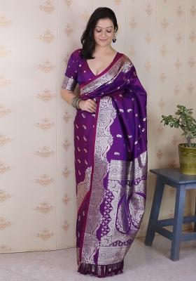 Purple Woven Silk Blend Saree Set