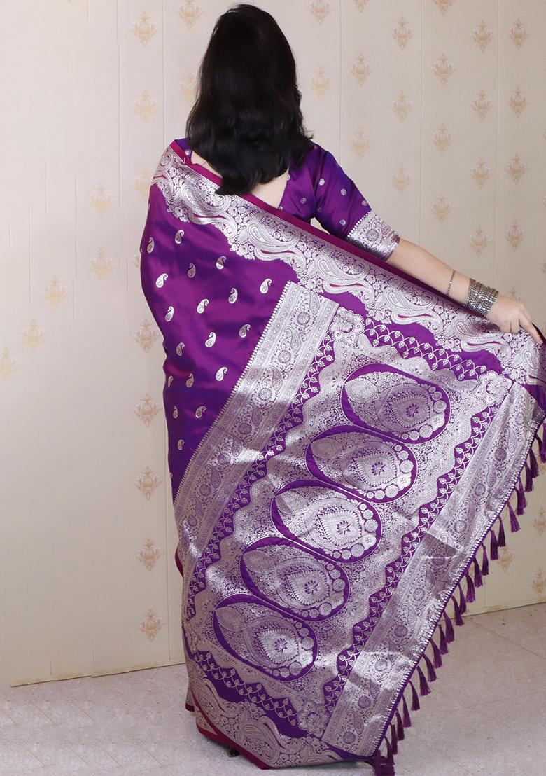 Purple Woven Silk Blend Saree Set - Indya