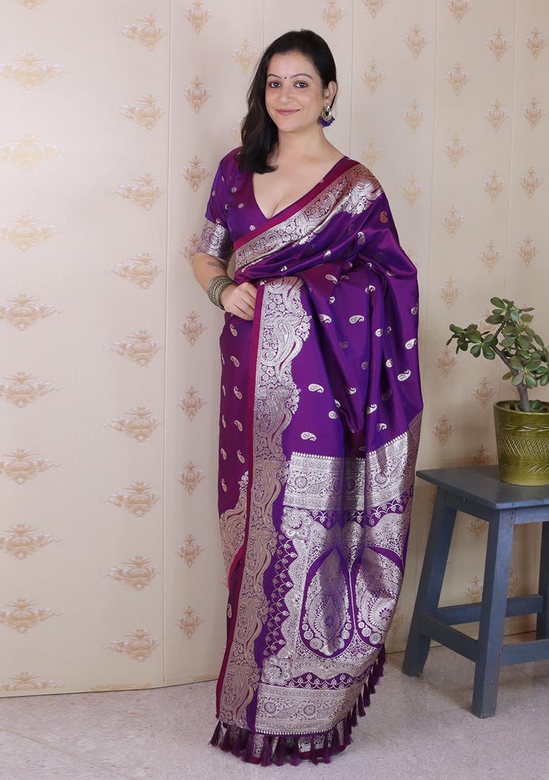 Purple Woven Silk Blend Saree Set - Indya
