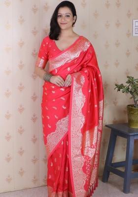 Red Woven Silk Blend Saree Set